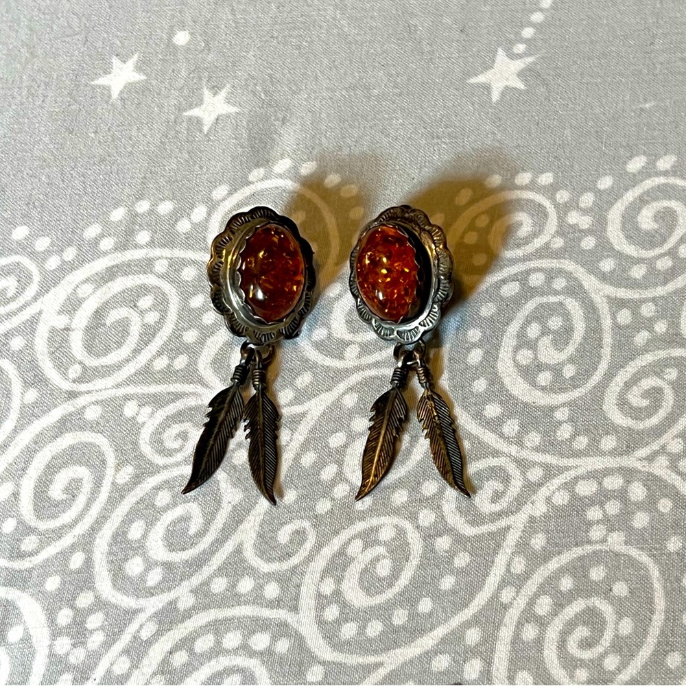 vintage sterling silver amber post earrings with feather dangle